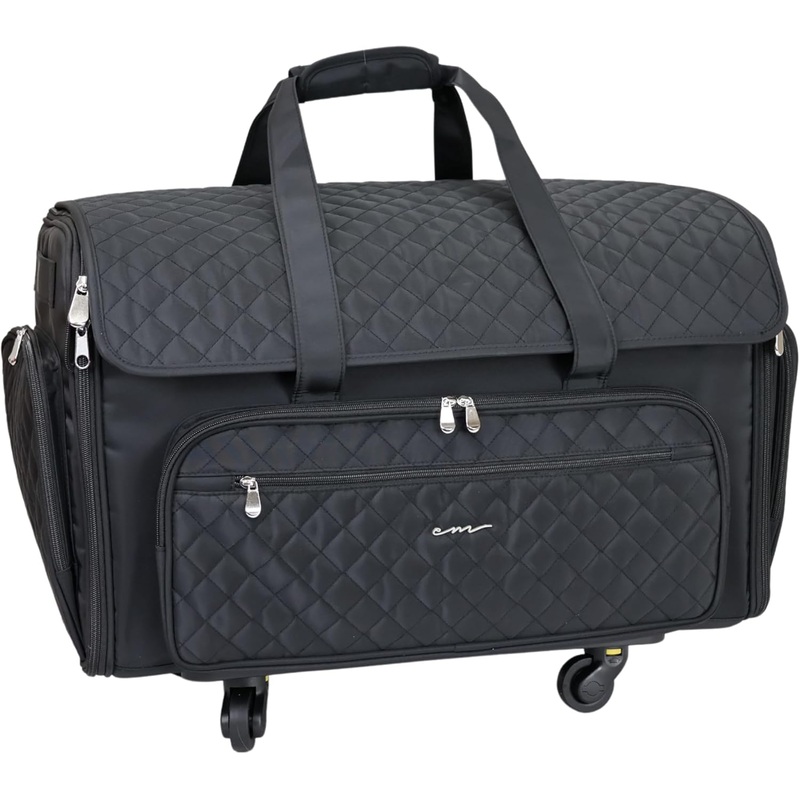Everything Mary XXL 4 Wheel Collapsible Rolling Sewing Machine Storage Case, Black Quilted