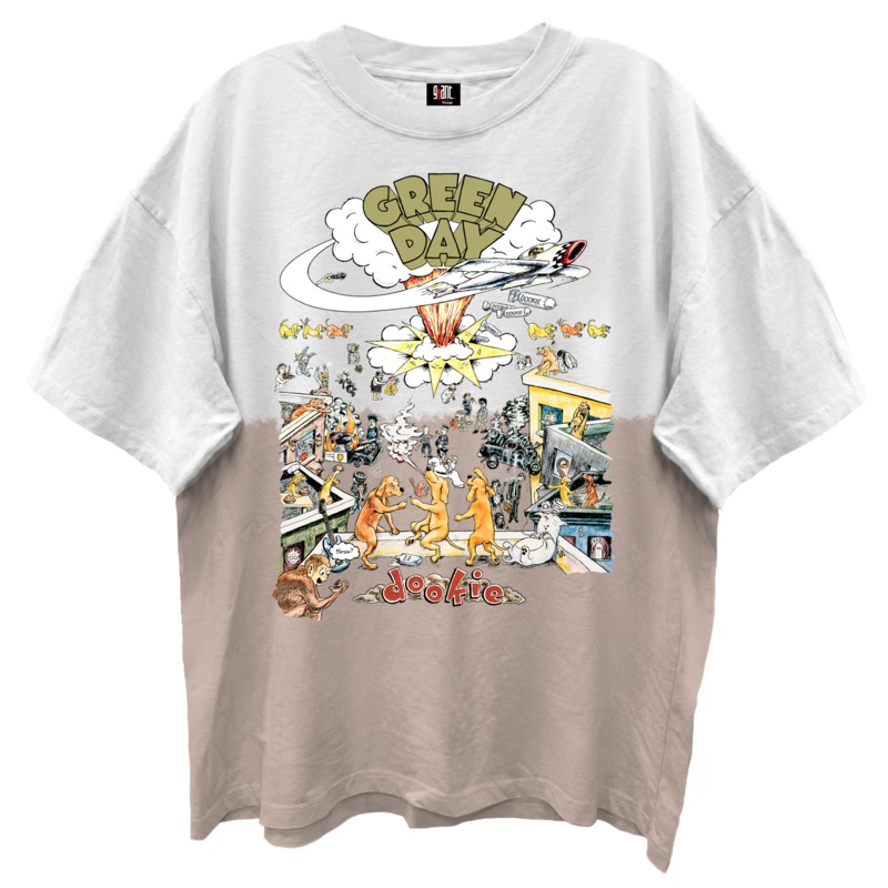 GREEN DAY DOOKIE ALBUM COVER WHITE/SAND DIP DYE WASH T-SHIRT/GIANT VINTAGE T-SHIRT WHITE/SAND