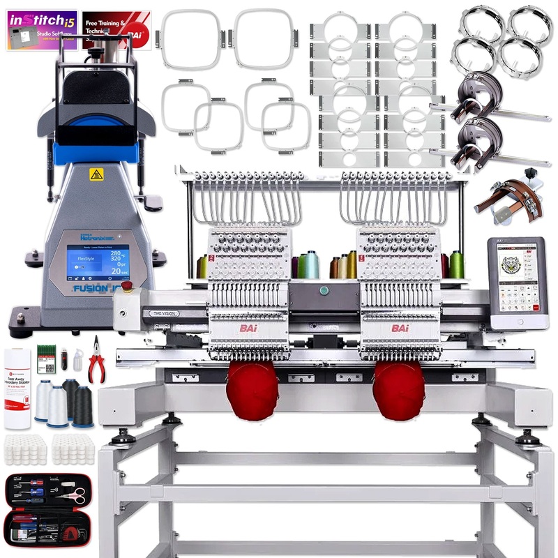 BAi VISION Two Head 15 Needle Embroidery Machine Bundle with Hotronix Hat Press