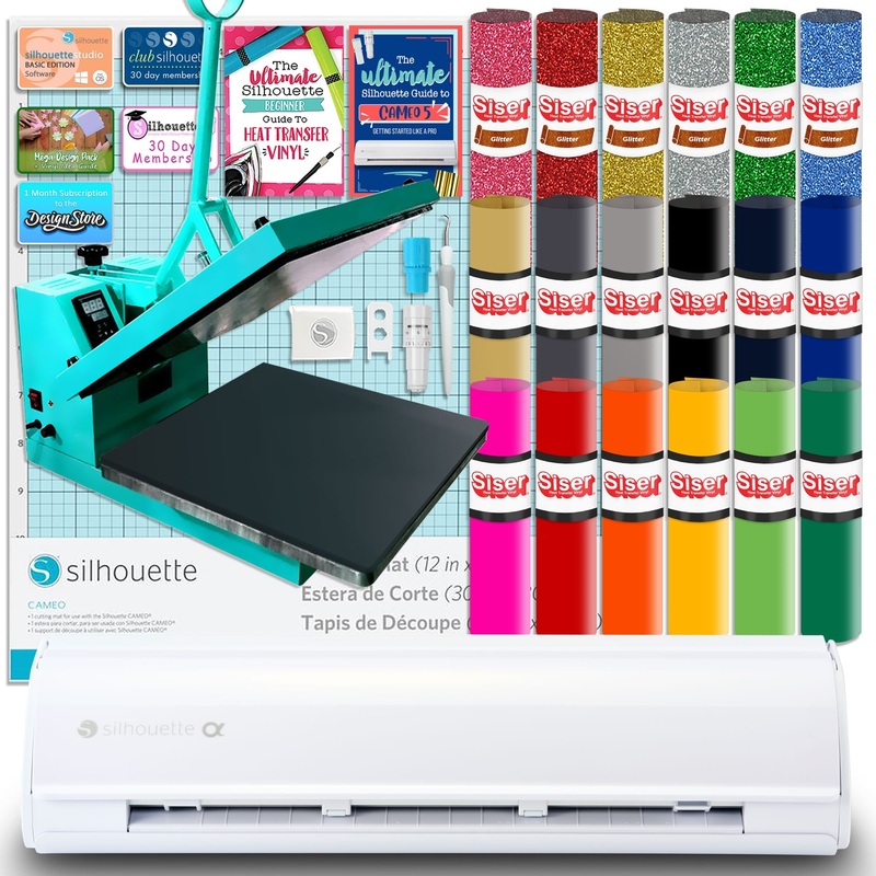 Silhouette White Cameo 5 Alpha w/ 15" x 15" Turquoise Heat Press & Siser HTV